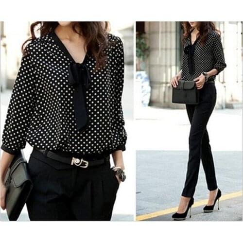 Long Sleeve Women Shirts Bow Collar Office Blouse Fashion Black Dot Print Chiffon Blouse Shirt Womens Tops And Blouses
