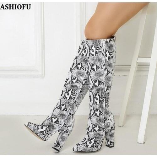 ASHIOFU Handmade Ladies Chunky Heel Knee Boots Fux-leather Party Prom Boots Winter Sexy Evening Fashion Boots Shoes
