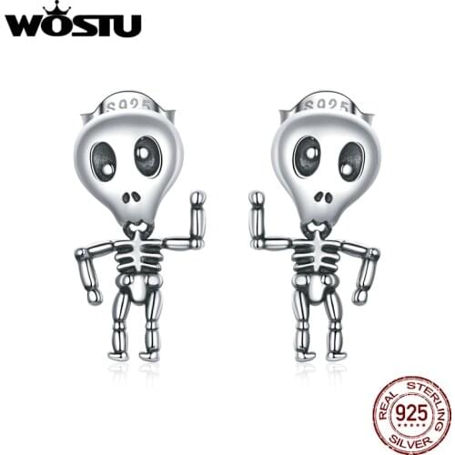 WOSTU Real 925 Sterling Silver Skull Stud Earrings Halloween Stud Earrings For Women Fashion Silver Jewelry CQE1110