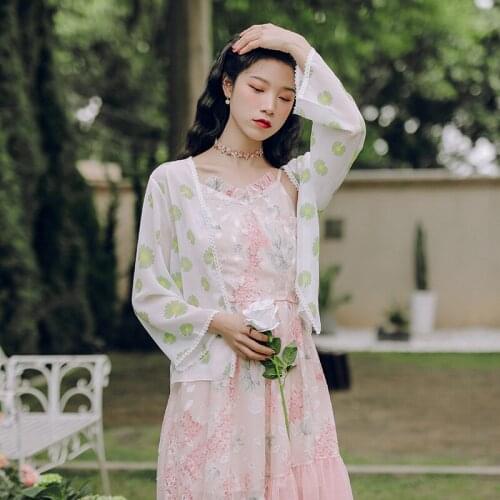 Sweet and Cute Tops Women Summer 2021 New Little Daisy Chiffon Print Lace Chic Cardigan Casual All-match Sunscreen Clothing