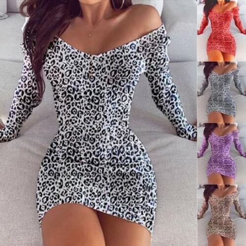 Womens V-neck Leopard Print Slim Bodycon Mini Dress Sexy Party Cocktail Clubwear