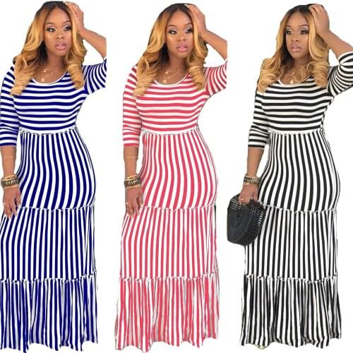 Plus Size Women Clothing Summer Dress 3xl Round Neck Sexy Striped Long Sleeve Commuting Fashion Dresses Wholesale Dropshipping