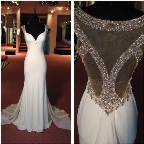 Elegant Mermaid Long V-Neck Prom Dresses Robe De Soiree Stretchy Heavy Beaded Open Back Floor Length Formal Party Dresses