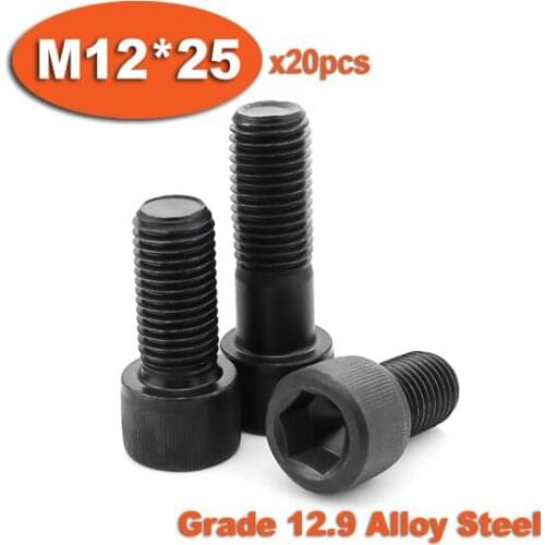 20pc DIN912 M12 x 25 Grade 12.9 Alloy Steel Screw Black Full Thread Hexagon Hex Socket Head Cap Screws