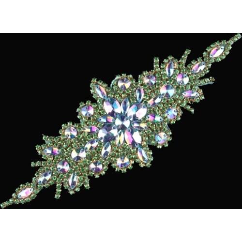 30pcs/lot)Wholesale Bling Green Beaded Rhinestone Appliques Wedding Hot Fix Crystal Trim For Girl Dress Bridal Hair/Shoes