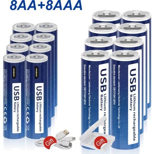 8Pcs USB 1.5V Li-ion AA Rechargeable Battery 2800mWh+8Pcs 1.5v AAA USB Rechargeable Battery AAA 1110mWh with USB Cable
