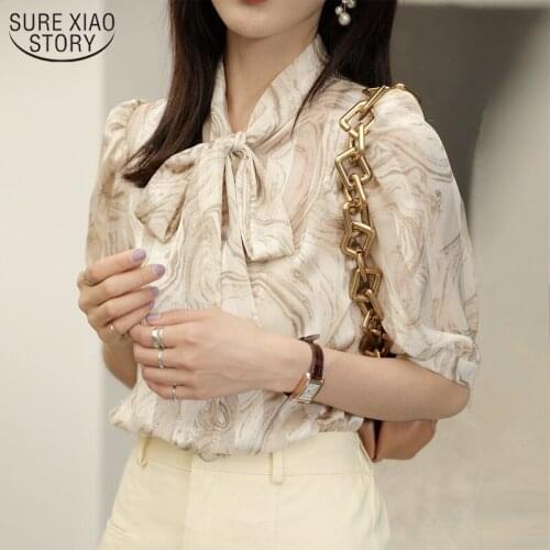 Vintage Bow Collar Latern Sleeve Office Lady Style Blouse Women Blusas 2021 New Chiffon Blouse Short Sleeve Womans Shirts 10081