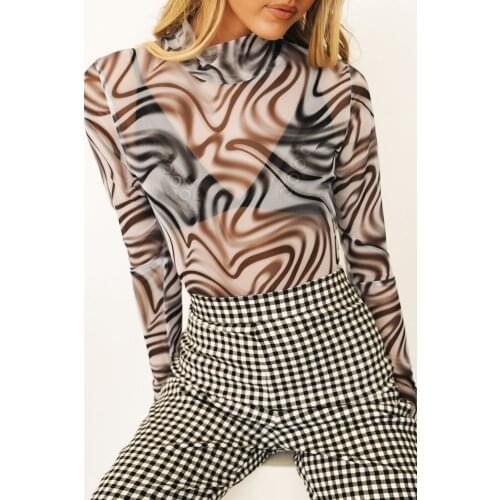 Camiseta transparente de malla de mujer, jersey de cuello alto estampado de manga larga con estampado ajustado de los adultos