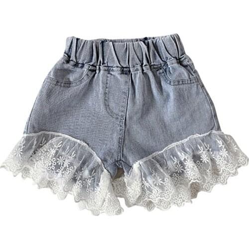 Lunoakvo Girls Denim Shorts Lace Mesh Pants Kids Solid Short Jeans Baby Bottoms Clothes Fashion Korean Style for 1 2 3 4 5 6 T