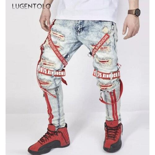 Trend Jeans Hole Zipper Skinny Casual Trousers Fashion Strap Webbing Mid Waist Mens Street Ripped Long Pencil Jeans Lugentolo