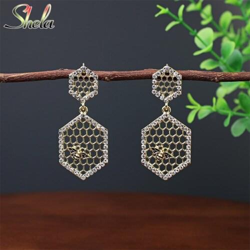Geometric Bee Earring for Women Rhinestone Fashion Jewelry Pendiant Dangle Wholesale S925 Pins
