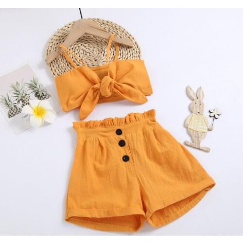 1-6 Years Summer Girls Clothes Solid Color Cotton Linen Set Lace-up Camisole and Elastic Waist Shorts Set