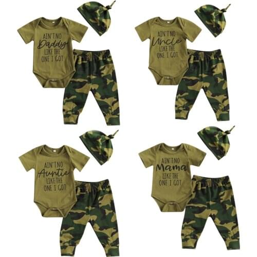 FOCUSNORM 0-18M Newborn Baby Boys Clothes Sets Letter Camouflage Print Short Sleeve Romper Tops Pants Hats