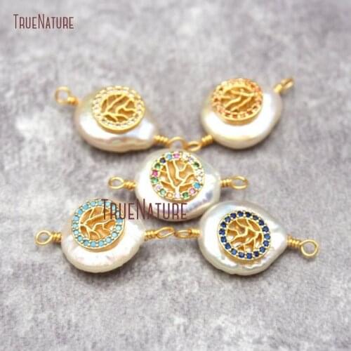 CZ Pave Gold Tree life Round Freshwater Pearl Pendant 12x21mm PC27240