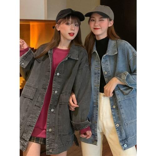 Vintage Loose Women Denim Jackets BF Style Mid-long Autumn Outwear Jacket 2020 New Fashion Big Pockets Jean Coat Oversized