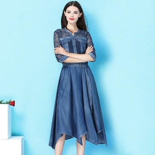 Summer Harajuku Irregular A-Line Denim Dresses With Belt Women Mid Long Lace Spliced Fashion Party Dress Office Lady Elegant New