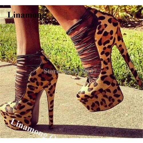 Linamong Newest Suede High Platform Stiletto Heel Gladiator Pumps Leopard Blue Grey Thin Straps Cross Back Zipper-up High Heels