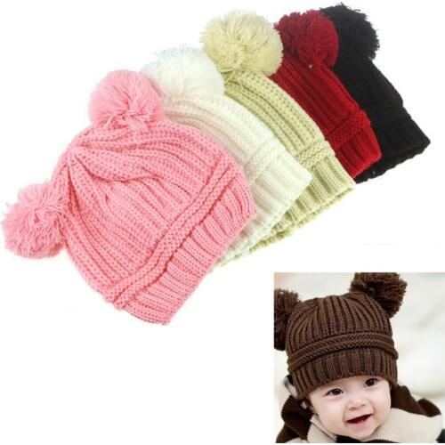 Cute Winter Baby Soft Wool Knitted Caps Hat Fur Ball Pompom Cap Kids Girl Boy Winter Knitted Caps for Girls Hemming Hat Beanies