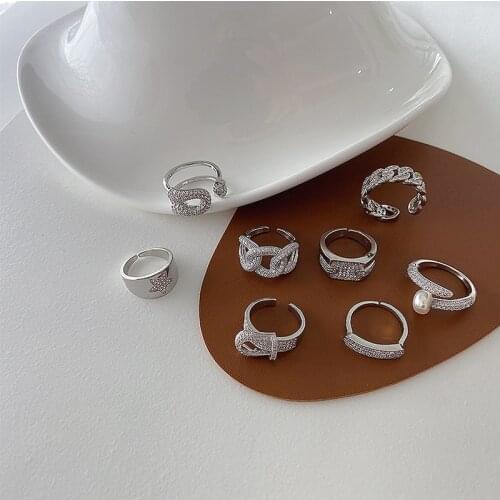 Minar Dainty Shiny CZ Stone Charm Rings for Women Mujer Silver Color Alloy Link Chain Belt Chunky Adjusting Ring Accessories