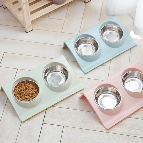 Stainless Steel Double Pet Bowls Dog Cat Twins Food Water Dishes Feeding Station Cute Feeders Cat Supplies Raised Bowl Non-Spill