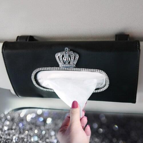 Fashion PU Leather Car Tissue Box Sun Visor Bling Bling Diamond Swan Crown Tissue Box Holder for Car Accessories Girls Women
