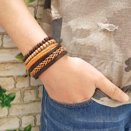 High Quality Fashion Khaki Weaving Leather Bracelet Mens Charm Rope Chain Leather Friendship Bracelet Men And Women Jewelry