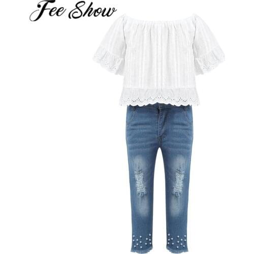 Autumn Toddler Kids Baby Girls Clothes Set Fashion One Word Collar Off Shoulder Tops Jeans Pants 2pcs Outfits Children Clothing