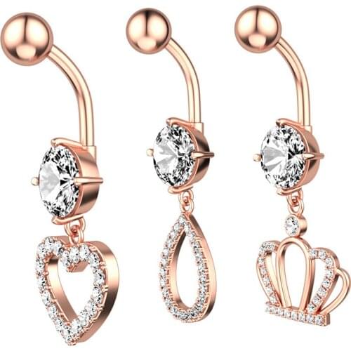 1PCS Stainless Steel Heart Water Drop Crown Belly Navel Piercing Button Ring Crystal Navel Ring Woman Body Jewelry