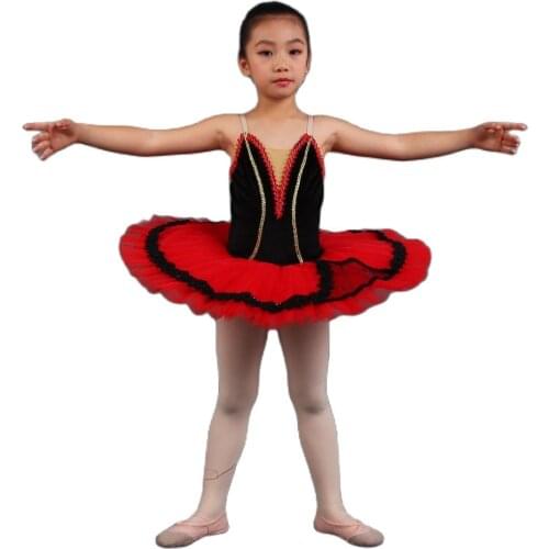 Spanish Red Ballet Dance Tutu Black Velvet Bodice with Layers of Pleated Tulle Pancake Tutu Professional Ballet Tutus PLL006