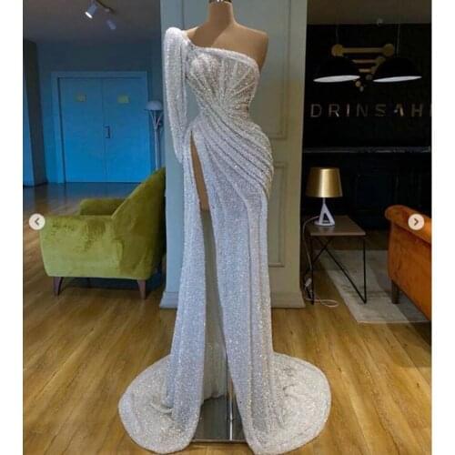 Real Picture Sexy Sparkle Sequined Silver Mermaid Prom Dresses Custom Made 5 Styles Crystal High Side Split Long Prom Gowns