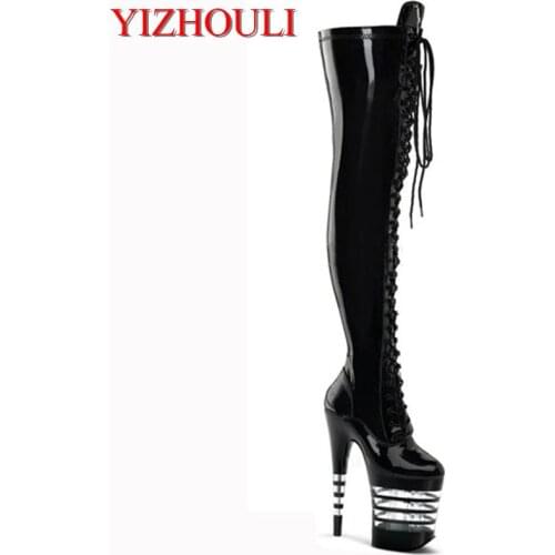 17-20cm Sexy High Heels Boots Women Pointed Toe Long Boots Knee High Lace-Up Autumn High Dance Shoes