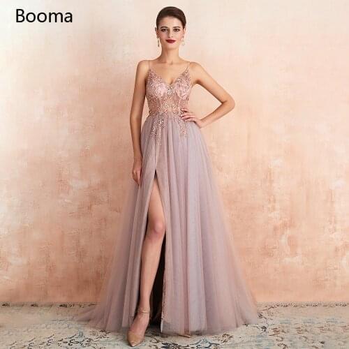 Fairy Pink Beading Prom Dresses V-Neck High Split A-Line Evening Dresses Spagetti Straps Illusion Tulle Long Formal Gowns