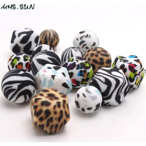 MHS.SUN 10PCS 12MM 15MM Leopard/Dot/Zebra Pattern Round Silicone Beads Baby Loose Teething Chewable Beads For Kids Pacifier Clip