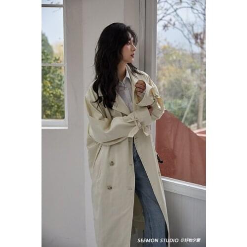 Women Trench Coat Casual Womens Long Outerwear Loose Overcoat with Belt Autumn Fashion Double-breasted Windbreaker Female 2021