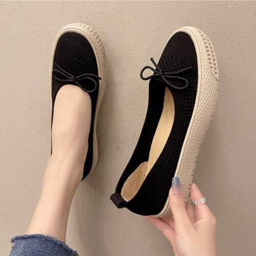 Women Casual Shoes 2021 Mesh Espadrilles Boat Shoe Bow Knitting Slip on Shoes Female Flats Breathable Loafer Zapatos Mujer 9345L