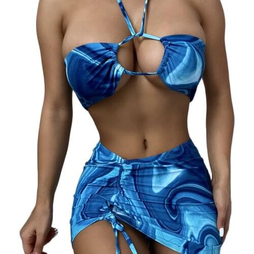 2021 New 3pcs Set Tie Dye Print Halter With Skirt Thong Bikini Set Female Swimsuit Women Three Piece Bikini Set Bathing Suit