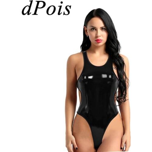 Womens Hot One Piece Latex Catsuit Wetlook PU Leather Sexy Lingerie Bodysuit Swimsuit Sleeveless High Cut Thong Leotard Clubwear