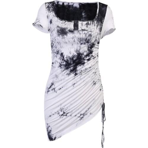 Tie-dye Dress for Women Shirring Sheath Dress Square Neck Casual Frock Harajuku Style Fashion Bodycon Dress Short Sleeve