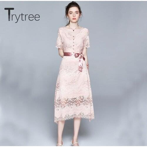 Trytree Summer Women Casual Dress V-neck Print Hollow Out Lace Belt Pink Fashion A-line Elegant Temperament Mid-Calf Dress