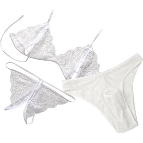 Women Sexy Lingerie Transparent T-Word Low Waist Appeal Underwear 3 Sets Lace Embroidery Bra Thong With Men Thong Erotic Apparel