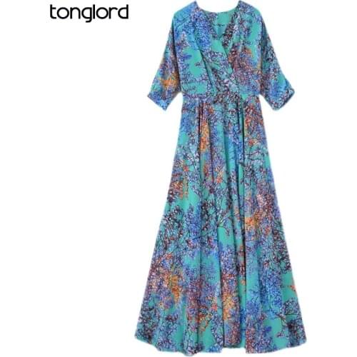 Elegant Women Floral Print Dress With Lining Autumn Three Quarter Sleeve V-Neck Chiffon Maxi Dress Mujer Vestidos Plus Size 4XL
