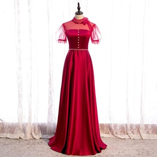 Bespoke Occasion Dresses Illusion High Short Pearls Beading Backless Lace Satin Luxury Burgundy Women Formal Evening Gown HB224