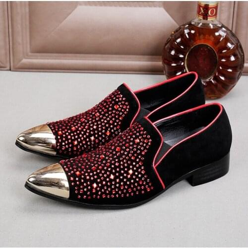 Gold Steel Toe Spiked Loafers Red Glitter Mens Slip On Dress Wedding Shoes For Men Business Crystal Mens Leather shoe lasts