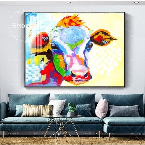 1 Pieces Cartoon Watercolor Colorful Animal Cow Modern Home Decor Posters For Living Room Artworks HD Spray On Canvas Paintings