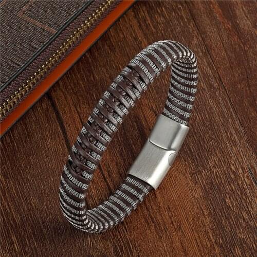 2019 Fashion Black Brown Leather Bracelet Men Stainless Steel Bangles Weaving Rope Wristband Male Gothic Jewelry Gifts Pulseira