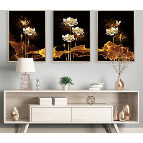 3 Pcs Golden Lotus Poster Beautiful Flower Wall Art Canvas Painting Print Picture Modular Living Room Dining Room Home Decoratio