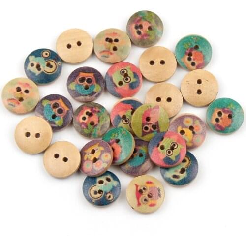 50pcs 2 Hole Natural Round Wooden Button Vintage Owl Pattern Wood Buttons For Clothing Decoration Diy Sewing Accessories 15mm