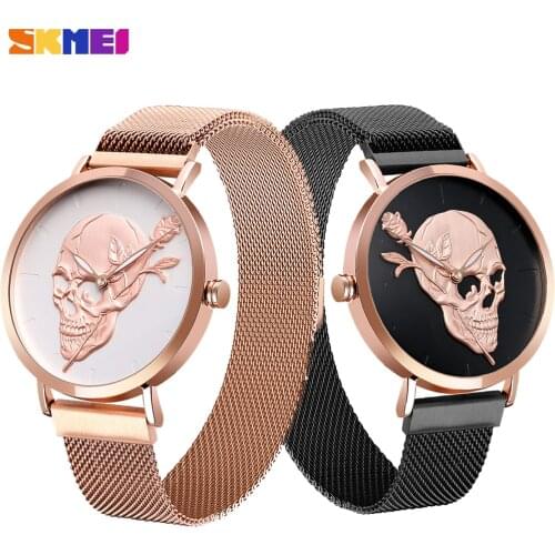 New SKMEI Watch Mens Skull Skeleton Gifts For Male Quartz Clock Luminous Waterproof Steel Mesh Belt Wristwatch Relojes Hombre