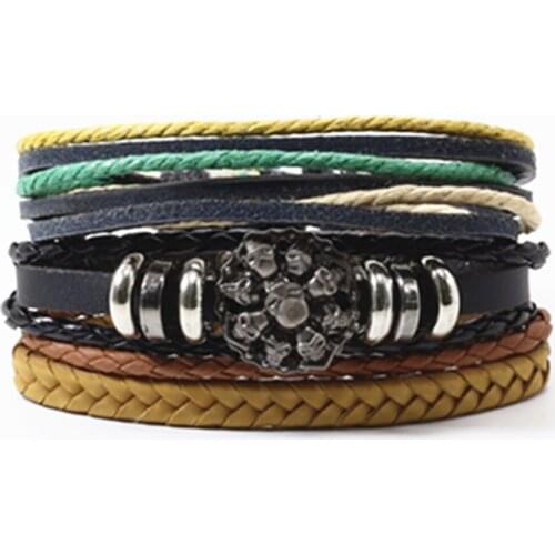 Skull Yellow Rivet Punk Charm Handmade Woven Leather Men Bracelets Set Women Vintage Bangle Male Homme Men Jewelry Accessories