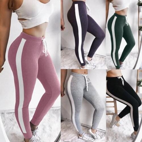 50%HOTSporty Women Drawstring Side Stripe Cotton Yoga Running Elastic Skinny Pants